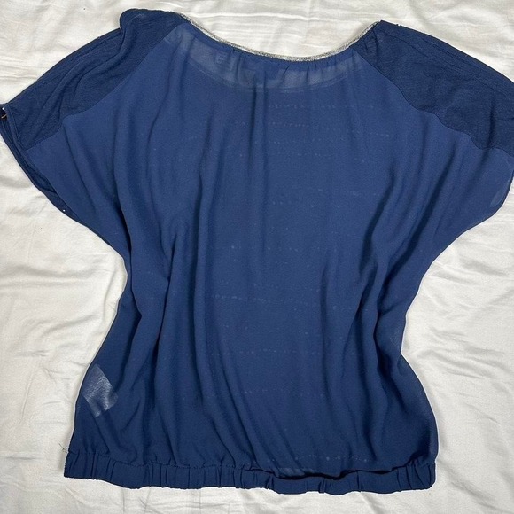 y2k Miss Me navy blue & silver glitter bat wing short sleeve wide neck top - Picture 5 of 6